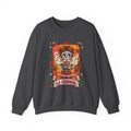 La Chismosa text and a sugar skull calavera with flowers in a vintage loteria graphic style on a premium black crewneck sweatshirt.