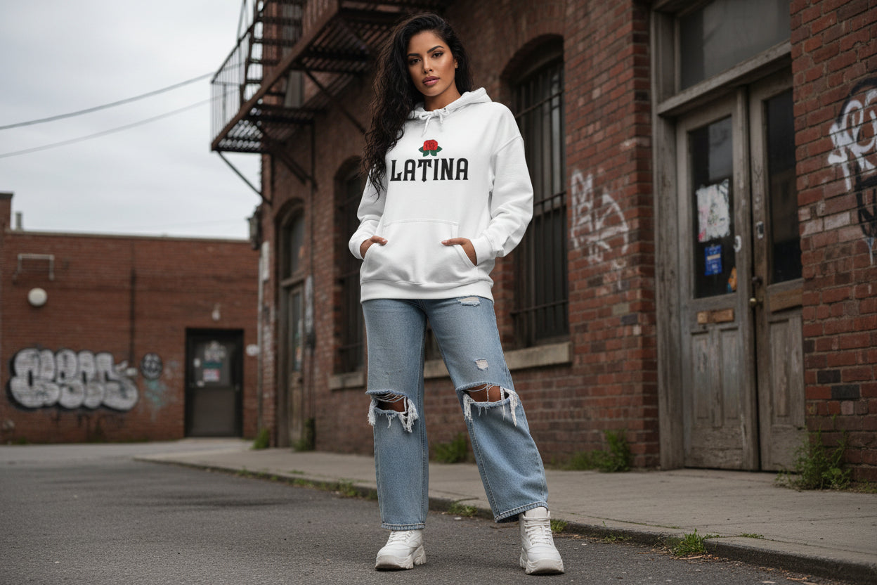 Latina Rose Hoodie — Bold Script Floral Pullover