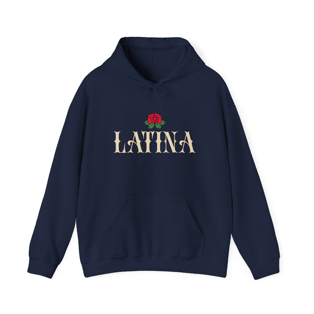 Bold Latina typography with an old school rose graphic print on the front of a premium black pullover hoodie.