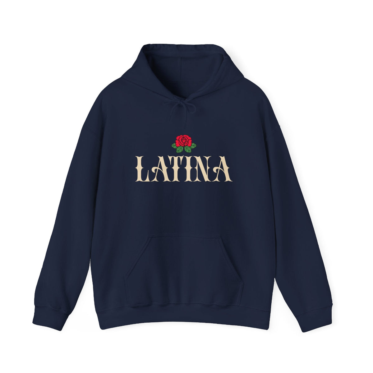 Bold Latina typography with an old school rose graphic print on the front of a premium black pullover hoodie.