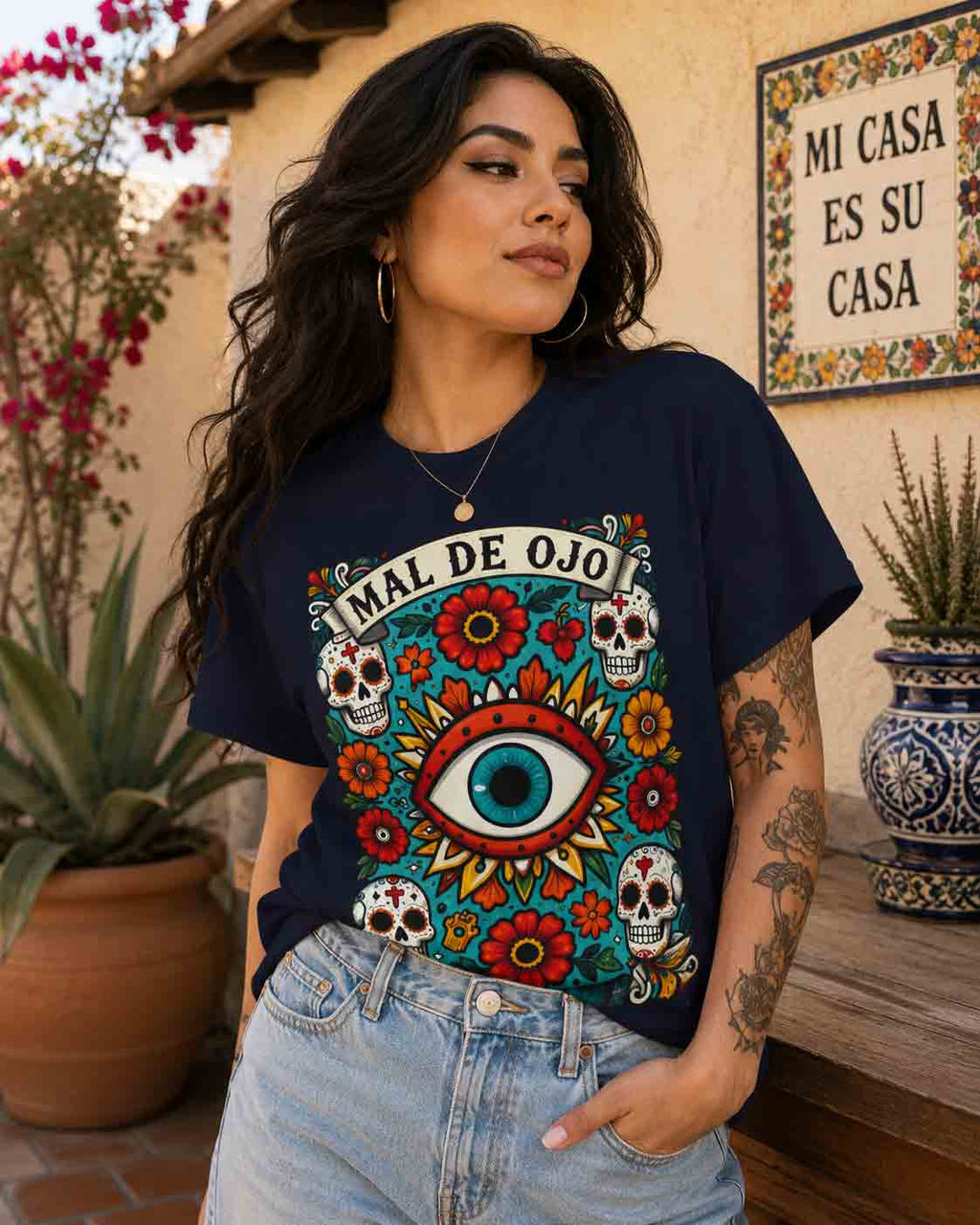 Mal de Ojo Hater Proof lifestyle 2 - garment-dyed spiritual Latina evil eye tee