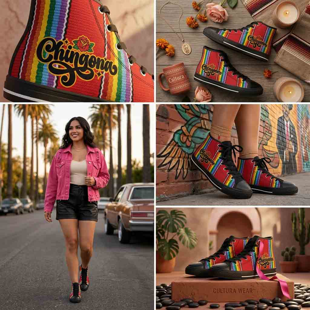 Chingona serape sneakers lifestyle - bold rainbow stripe Mexican pride festival shoes