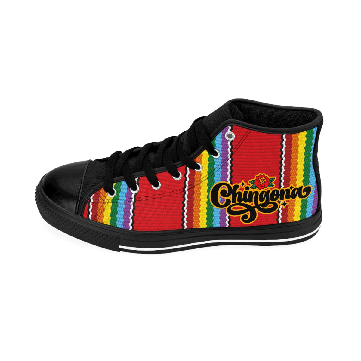 Chingona red serape high-top sneakers top view - colorful rainbow stripe canvas shoes