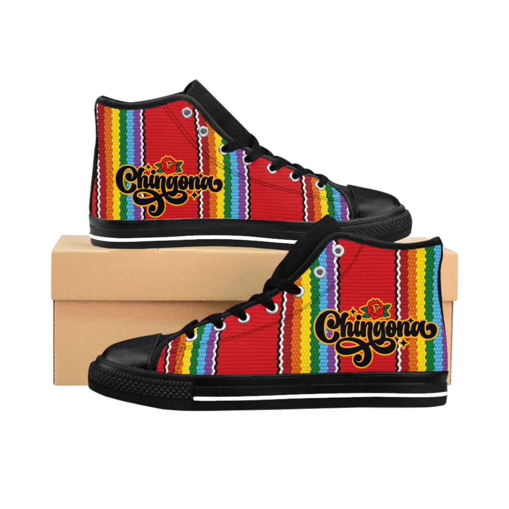 Chingona serape stripe high-top sneakers front view - rainbow Mexican pride canvas shoes
