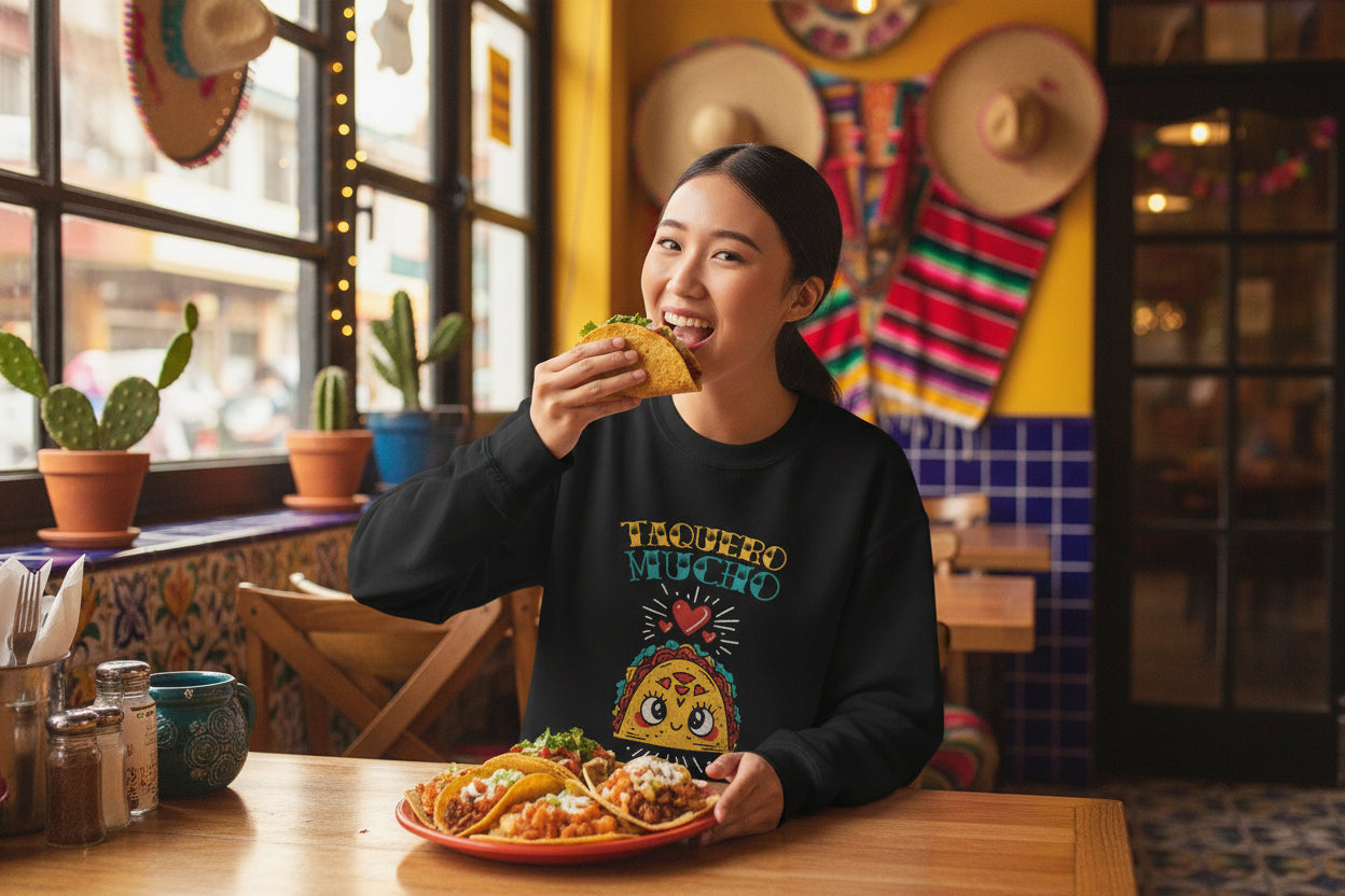 Taquero Mucho Mexican food graphic crewneck - cozy taco lover chicana sweatshirt