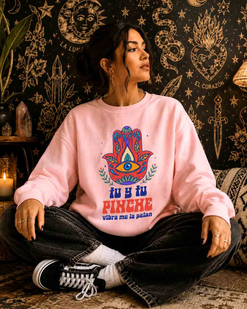 Tu y Tu Pinche Vibra crewneck detail - vibrant Hamsa eye floral print pullover
