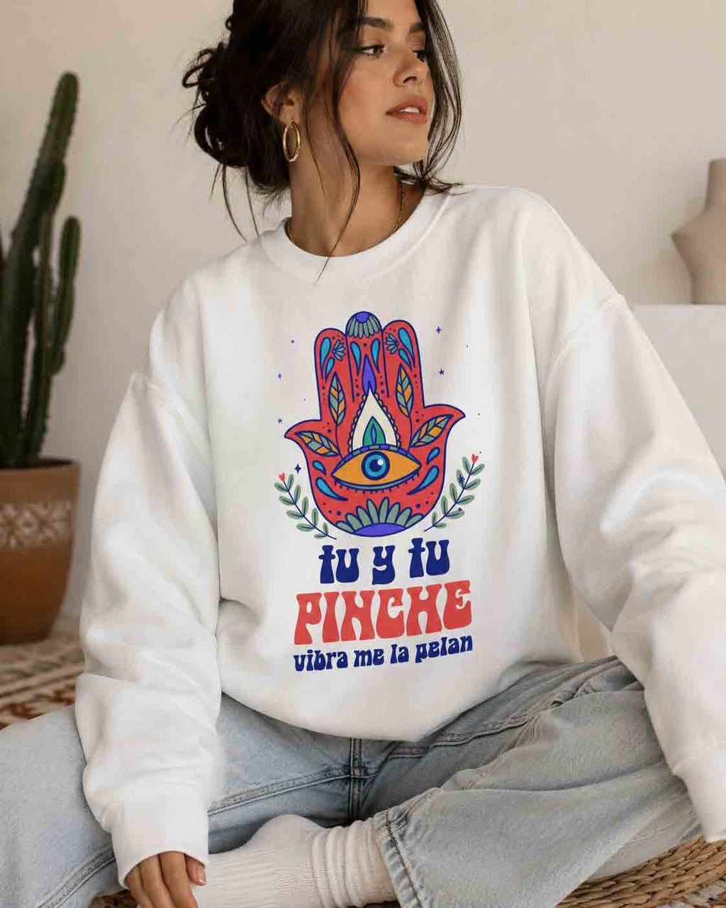 Tu y Tu Pinche Vibra sweatshirt lifestyle - boho spiritual Latina pastel crewneck