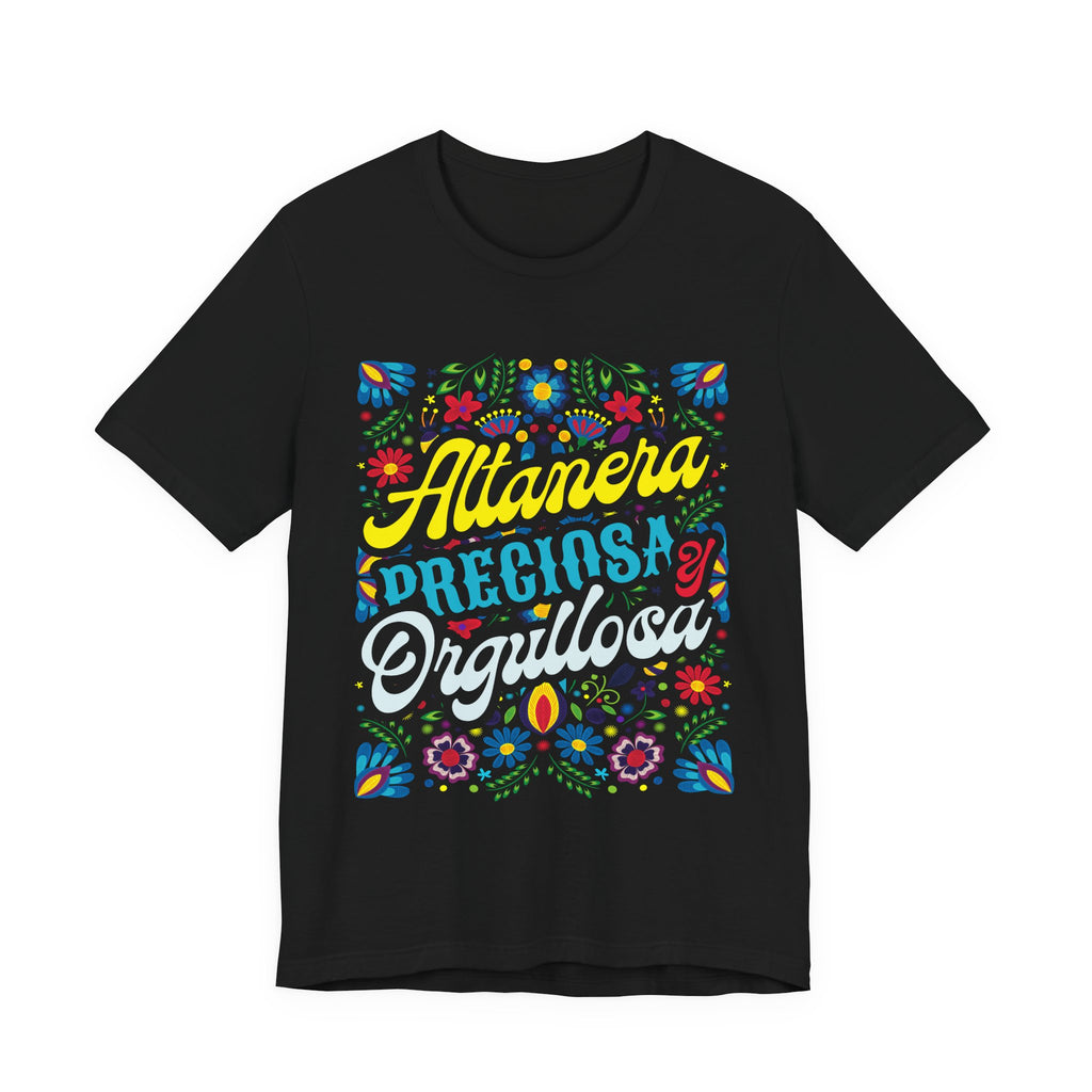 Altanera Preciosa Orgullosa Latina pride floral t-shirt in black - front view