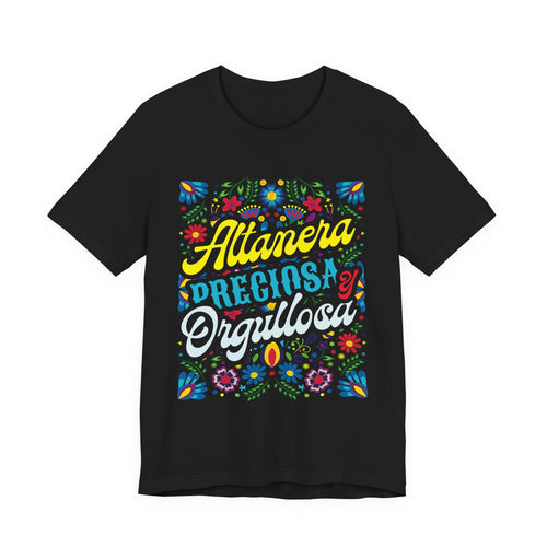 Altanera Preciosa Orgullosa Latina pride floral t-shirt in black - front view