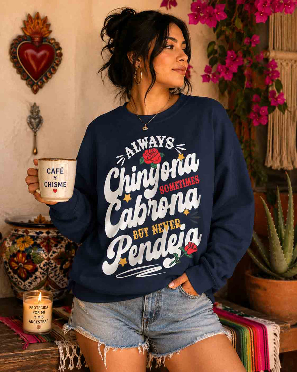 Always Chingona Sometimes Cabrona Never Pendeja black crewneck - Latina pride floral sweatshirt