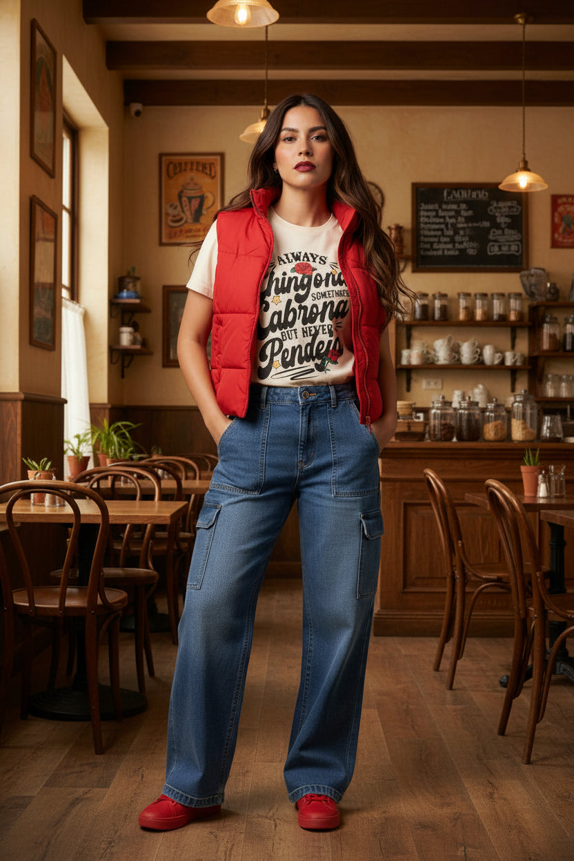 vintage-style t-shirt with "Always Chingona Sometimes Cabrona" floral typography by Chingonas Social Club.