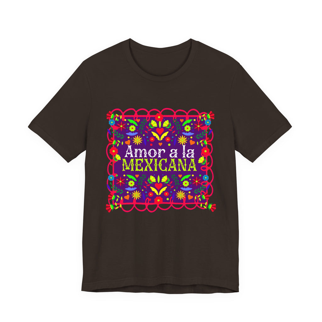 A beautiful Latina woman wearing a T-shirt with a colorful Mexican folk art design titled “Amor a la Mexicana.”