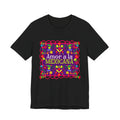 t-shirt with pink "Amor a la Mexicana" text surrounded by a colorful floral frame inspired by Mexican folk art.