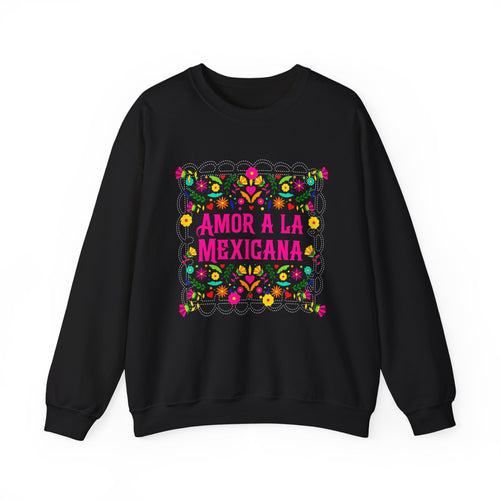 Latina woman wearing Amor a la Mexicana sweatshirt, floral Mexican pride, casual style.