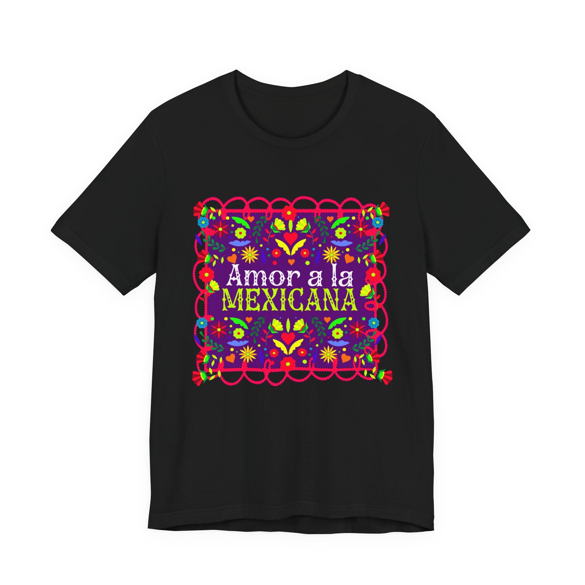 A beautiful Latina woman wearing a T-shirt with a colorful Mexican folk art design titled “Amor a la Mexicana.”