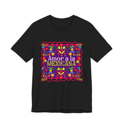 A beautiful Latina woman wearing a T-shirt with a colorful Mexican folk art design titled “Amor a la Mexicana.”