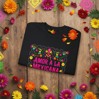 Group of Latina women wearing Amor a la Mexicana sweatshirts, celebrating Mexican heritage.