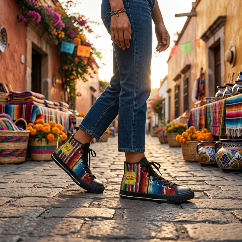 Amor a la Mexicana sneakers pair - vibrant serape print festival Latina shoes rubber sole