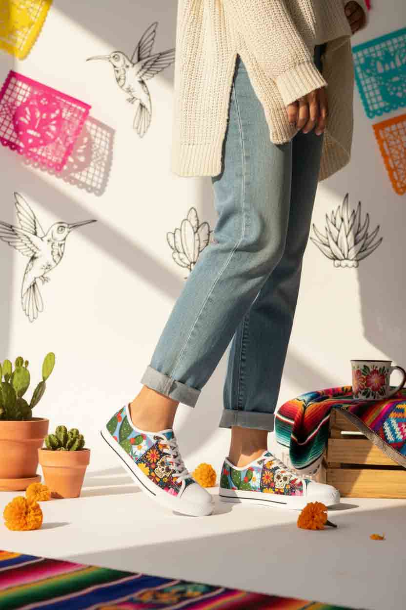 Day of Dead desert floral cactus sneakers detail - vibrant skull print canvas low-top shoes