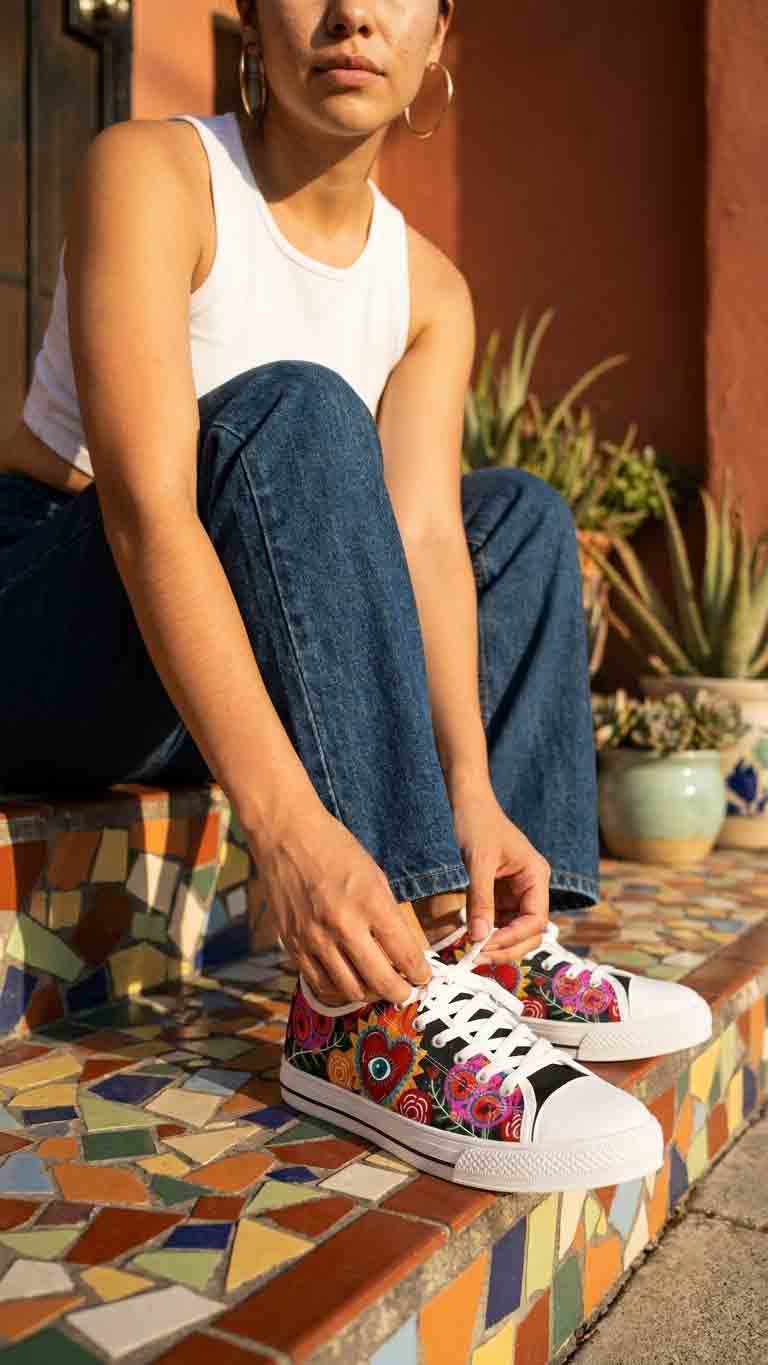 Heart evil eye spiritual sneakers side view - colorful floral wraparound canvas shoes