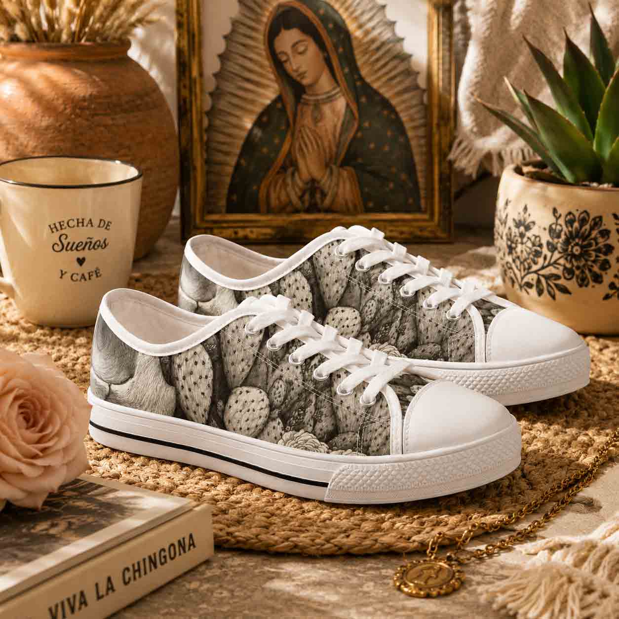 Monochrome cactus sneakers sole detail - rubber white sole botanical print canvas shoes