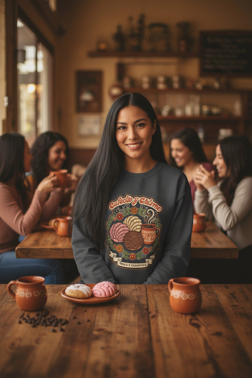 A comfortable cream-colored crewneck sweatshirt featuring a retro Mexican design depicting a steaming cup of Mexican coffee, surrounded by Mexican sweet breads, all with a “Cafecito y Chisme” twist.