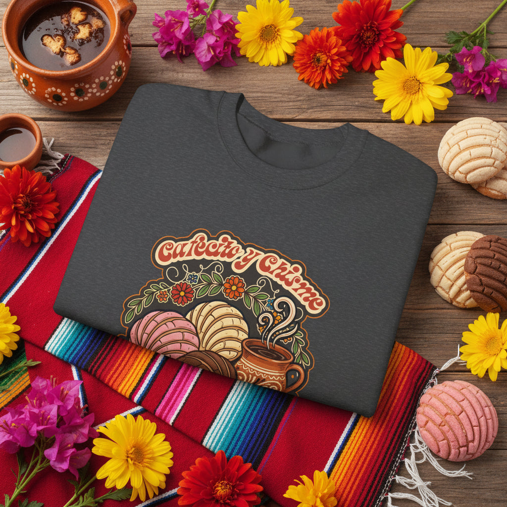 A comfortable cream-colored crewneck sweatshirt featuring a retro Mexican design depicting a steaming cup of Mexican coffee, surrounded by Mexican sweet breads, all with a “Cafecito y Chisme” twist.