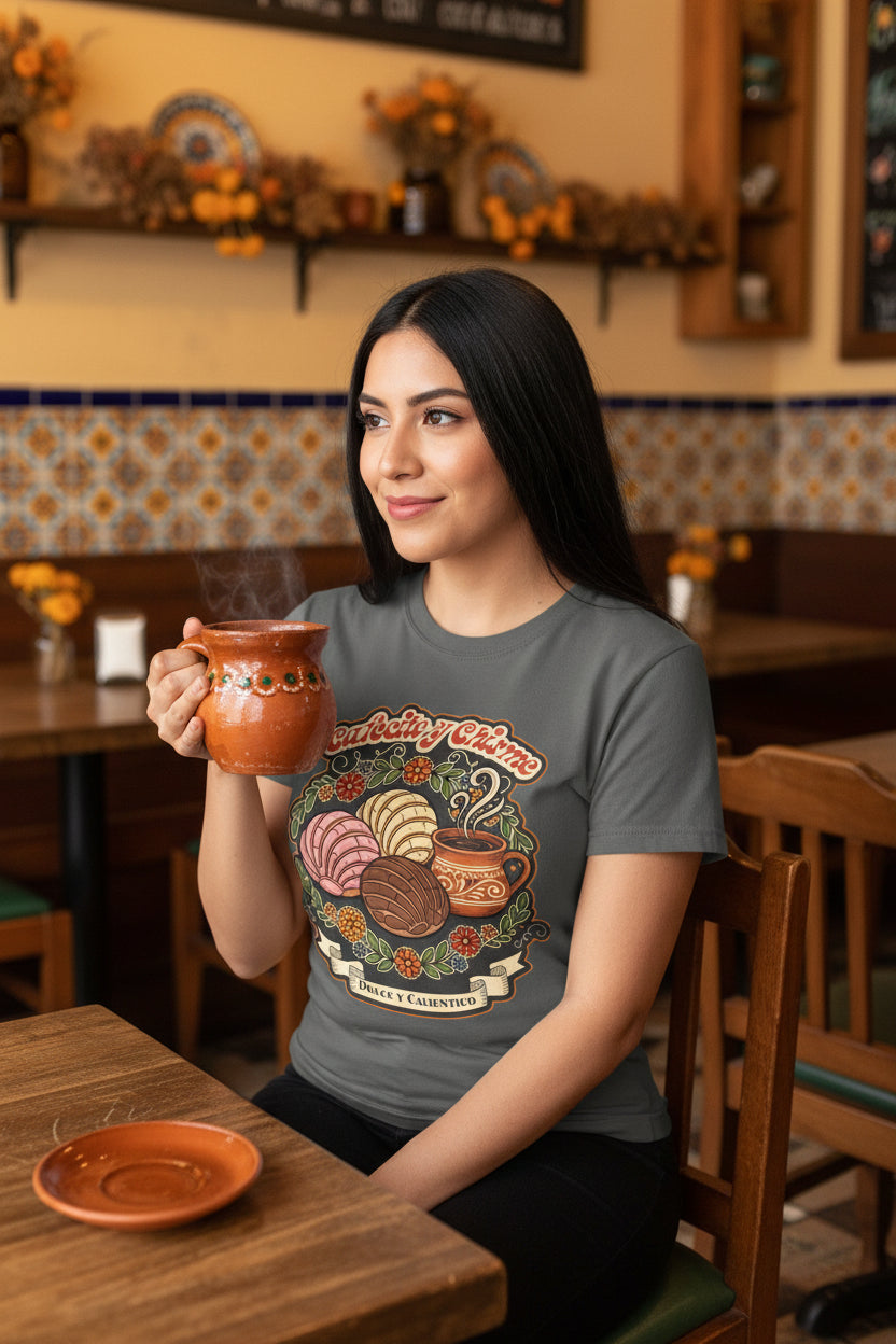t-shirt with a vintage illustration of conchas, a traditional Mexican coffee mug, and the phrase Cafecito y Chisme.