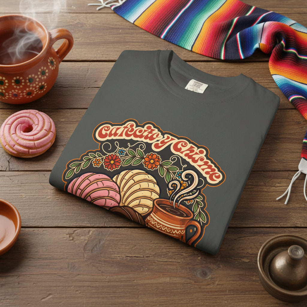 t-shirt with a vintage illustration of conchas, a traditional Mexican coffee mug, and the phrase Cafecito y Chisme.