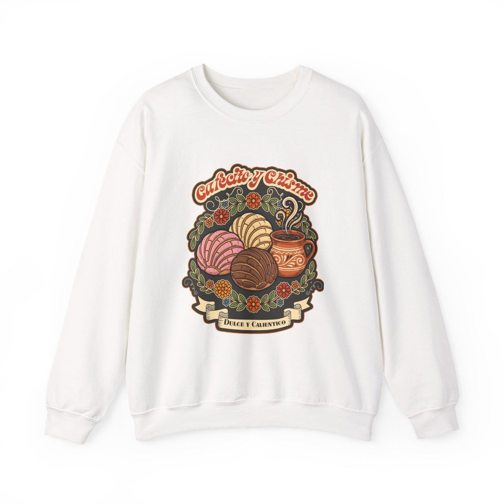 A comfortable cream-colored crewneck sweatshirt featuring a retro Mexican design depicting a steaming cup of Mexican coffee, surrounded by Mexican sweet breads, all with a “Cafecito y Chisme” twist.