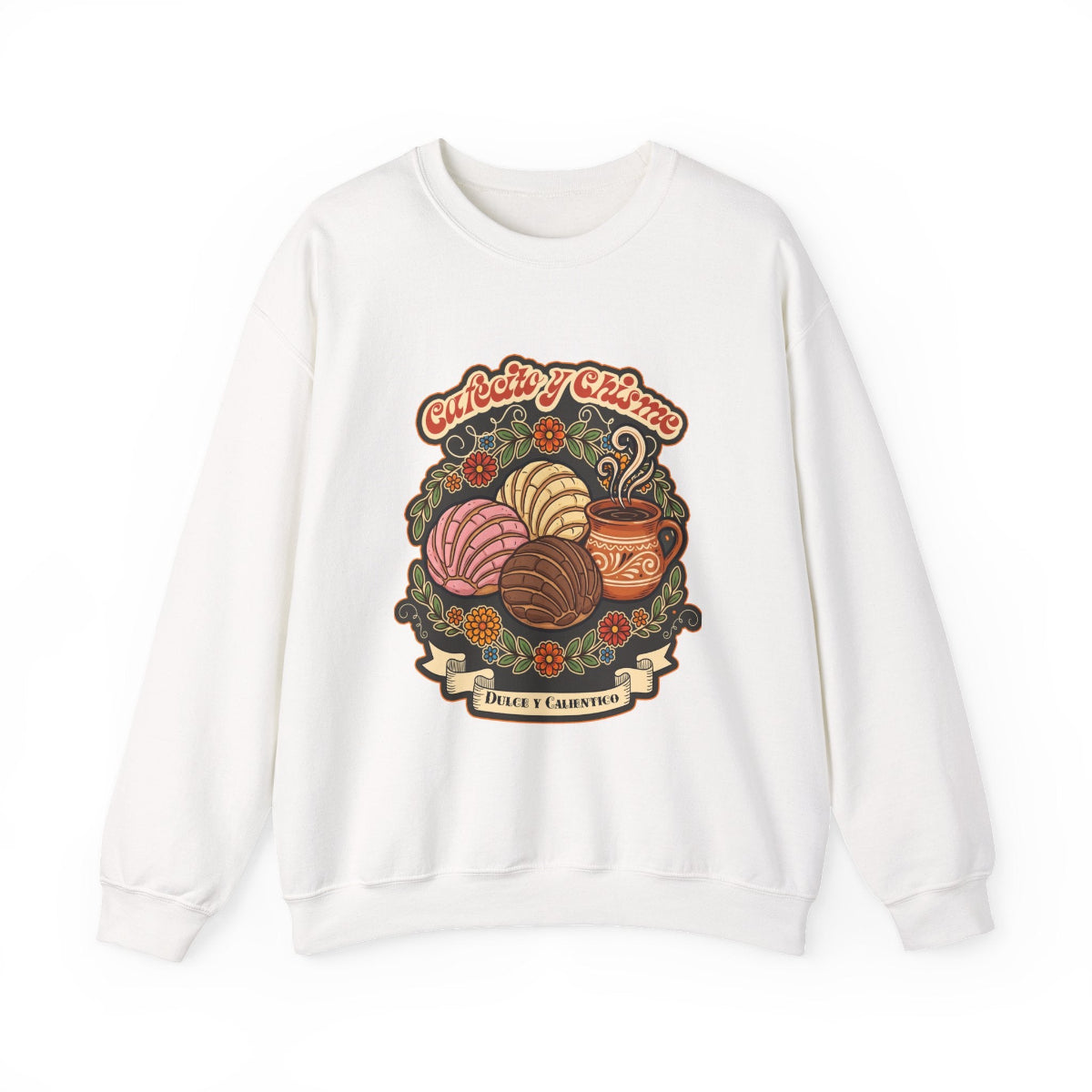A comfortable cream-colored crewneck sweatshirt featuring a retro Mexican design depicting a steaming cup of Mexican coffee, surrounded by Mexican sweet breads, all with a “Cafecito y Chisme” twist.