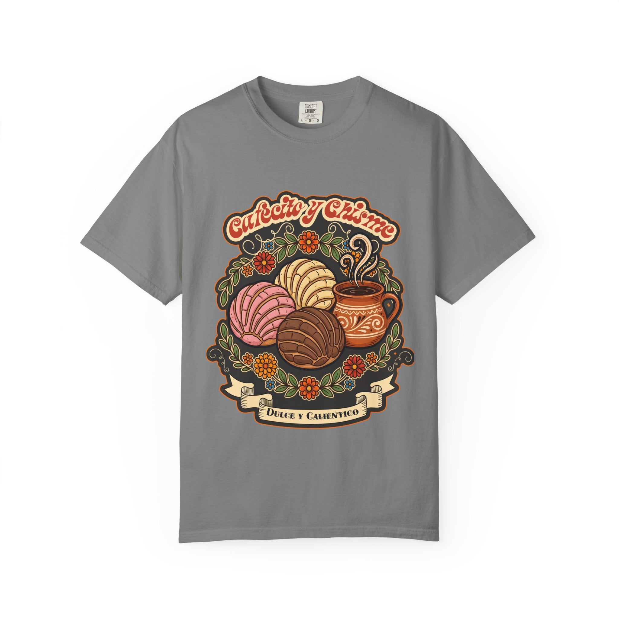t-shirt with a vintage illustration of conchas, a traditional Mexican coffee mug, and the phrase Cafecito y Chisme.