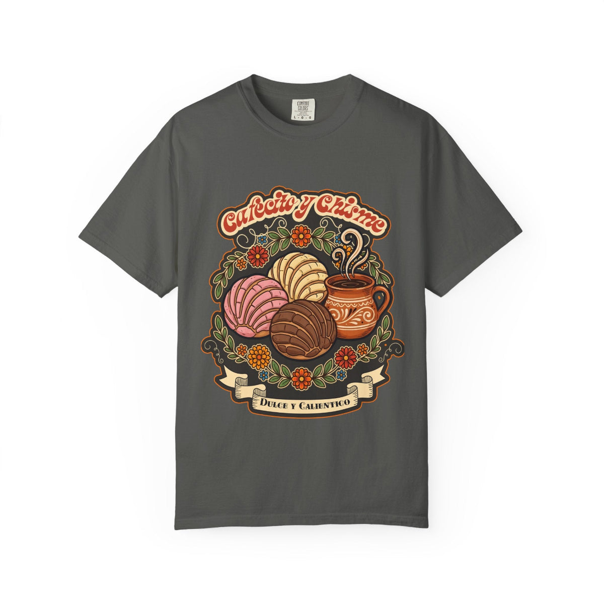 t-shirt with a vintage illustration of conchas, a traditional Mexican coffee mug, and the phrase Cafecito y Chisme.