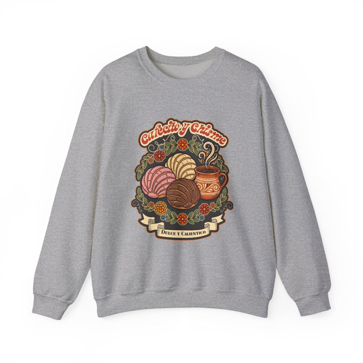 A comfortable cream-colored crewneck sweatshirt featuring a retro Mexican design depicting a steaming cup of Mexican coffee, surrounded by Mexican sweet breads, all with a “Cafecito y Chisme” twist.