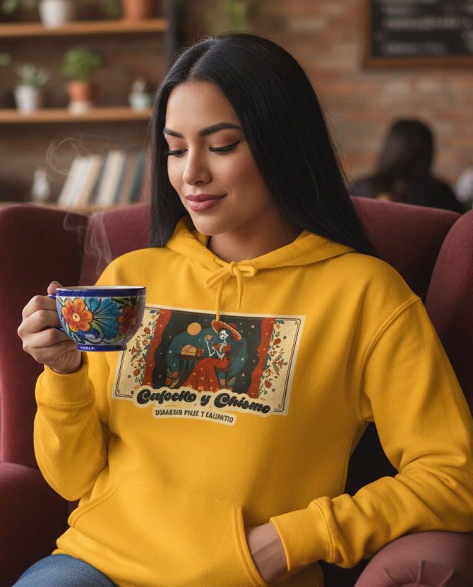 Cafecito y Chisme retro hoodie - cozy Latina coffee gossip graphic sweatshirt gift