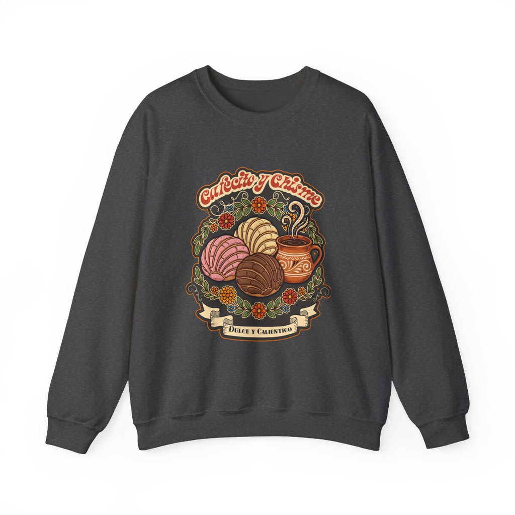 A comfortable cream-colored crewneck sweatshirt featuring a retro Mexican design depicting a steaming cup of Mexican coffee, surrounded by Mexican sweet breads, all with a “Cafecito y Chisme” twist.
