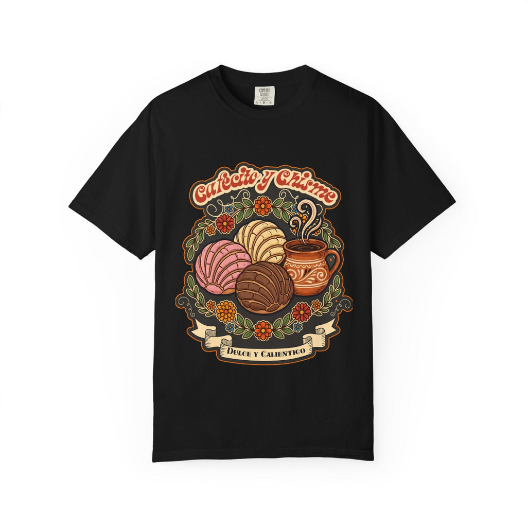 t-shirt with a vintage illustration of conchas, a traditional Mexican coffee mug, and the phrase Cafecito y Chisme.