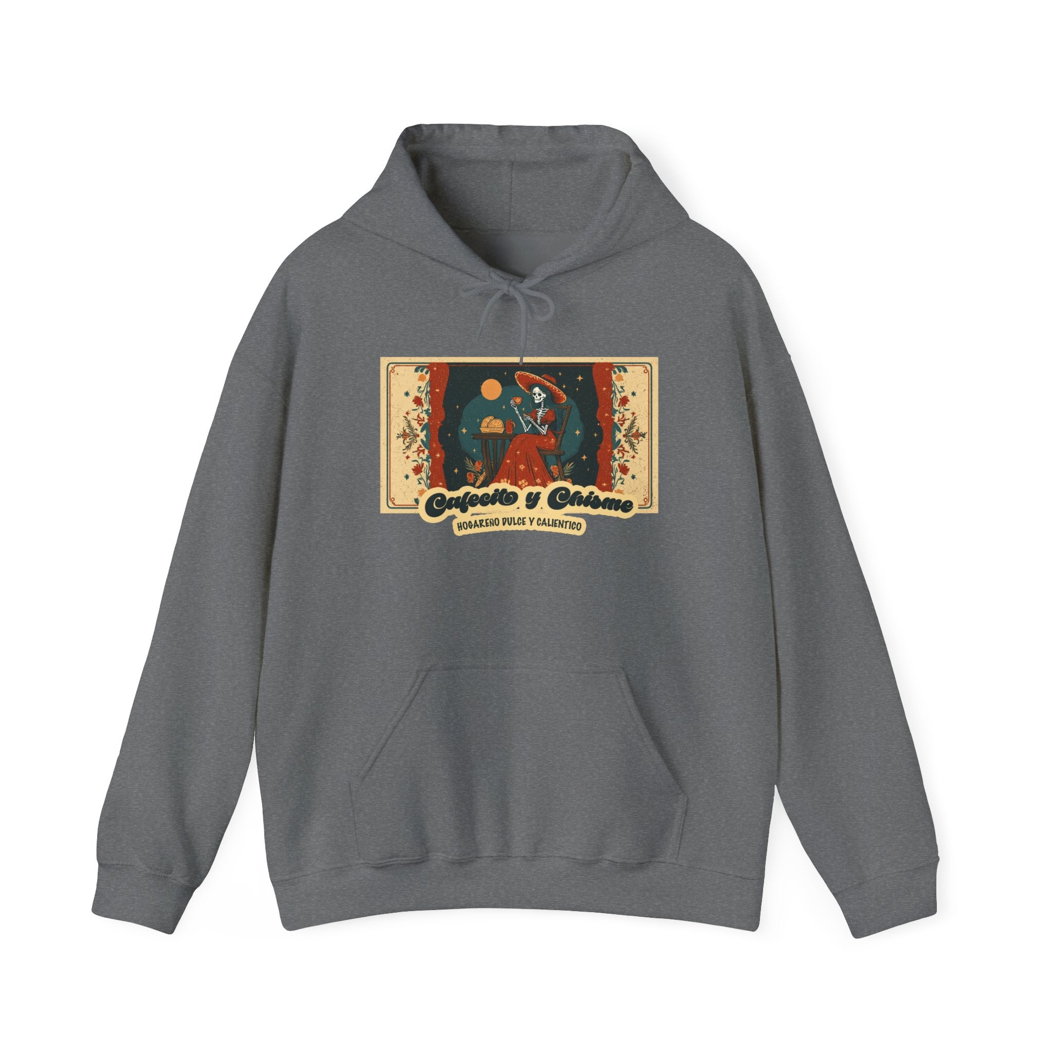 Cafecito y Chisme antique cherry red hoodie - retro Latina sugar skull gossip pullover