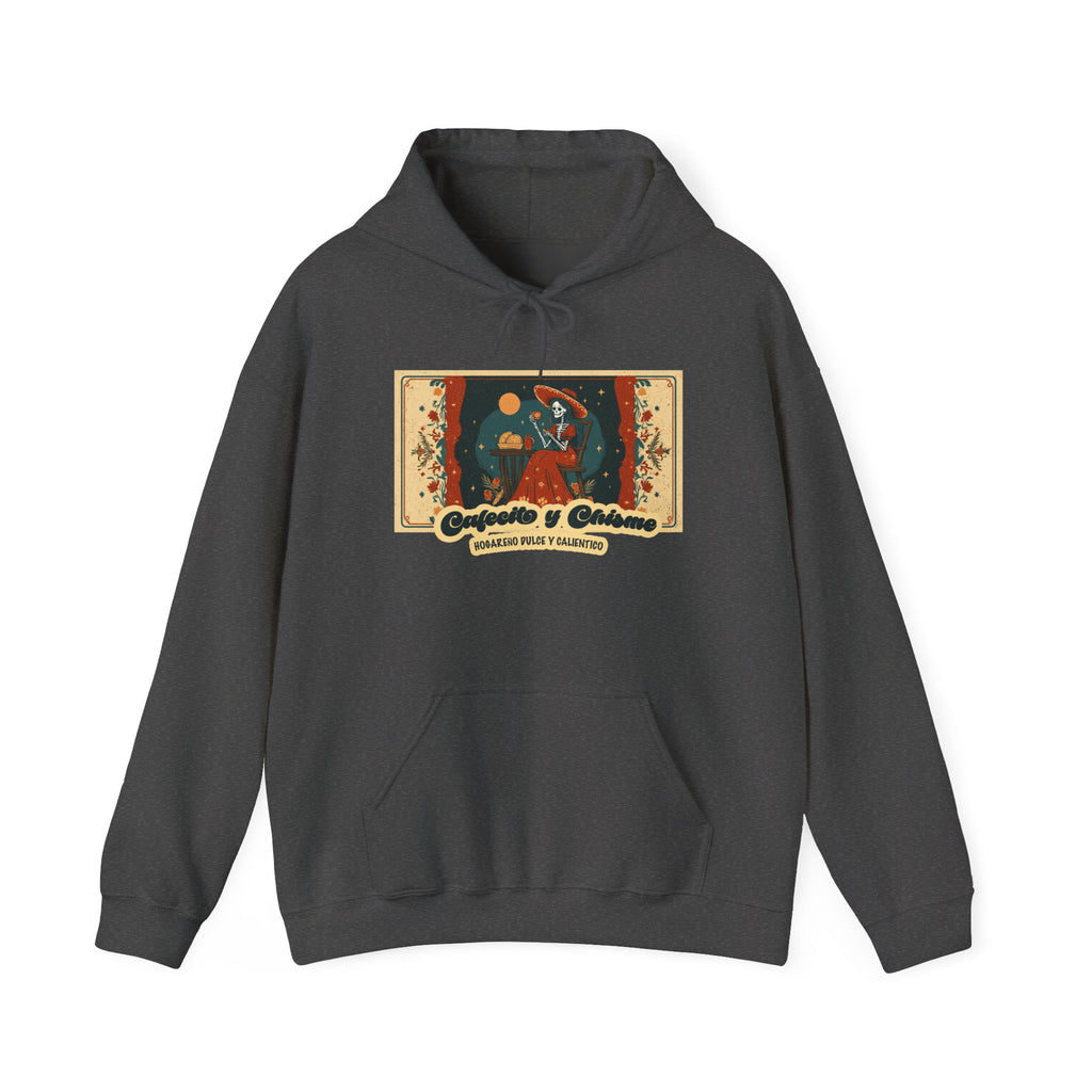 Cafecito y Chisme graphite heather hoodie - cozy chicana coffee gossip gift sweatshirt