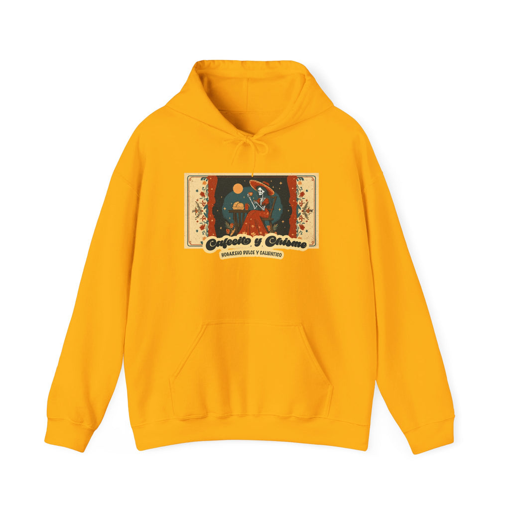 Cafecito y Chisme hoodie lifestyle - vintage sugar skull art Latina unisex pullover
