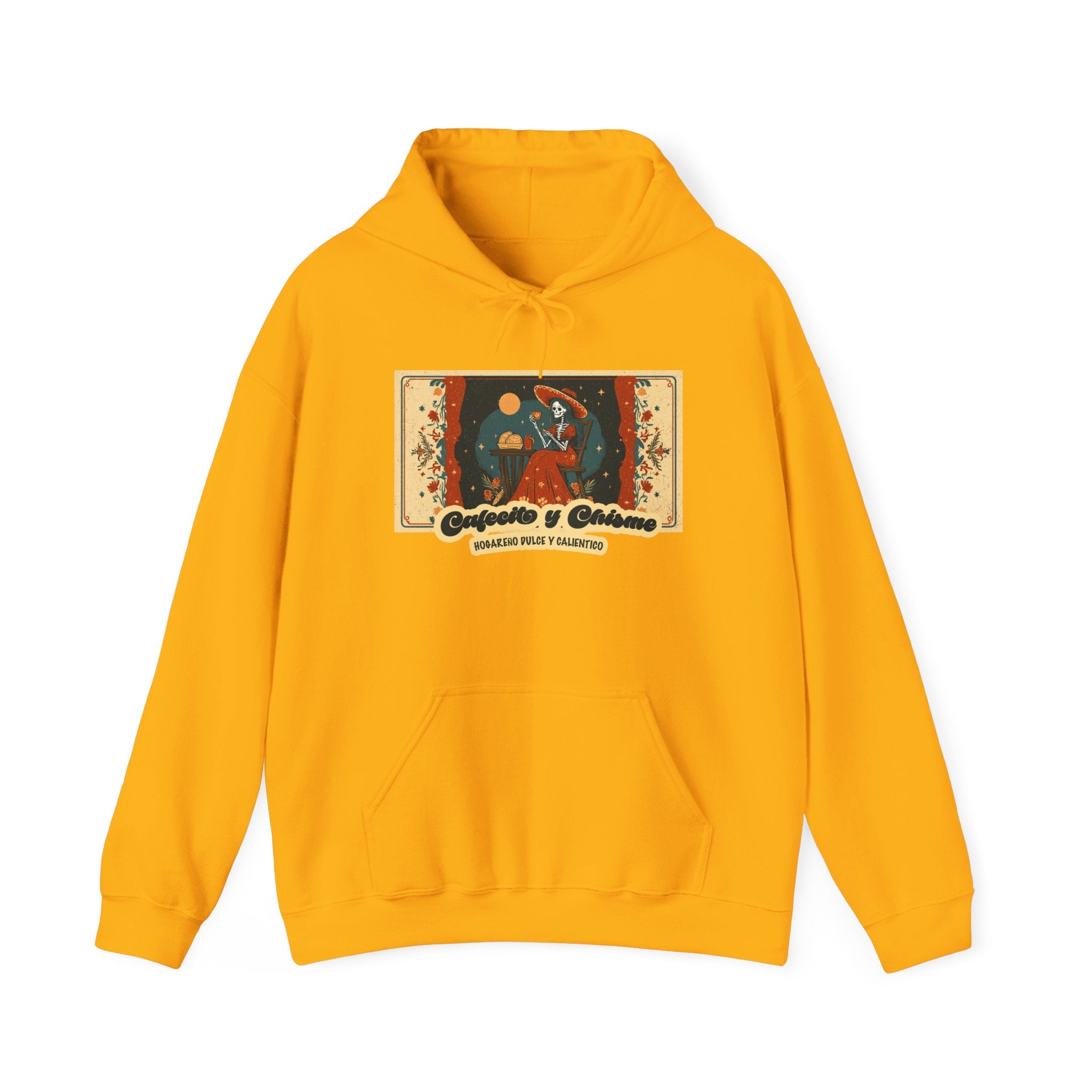 Cafecito y Chisme hoodie lifestyle - vintage sugar skull art Latina unisex pullover