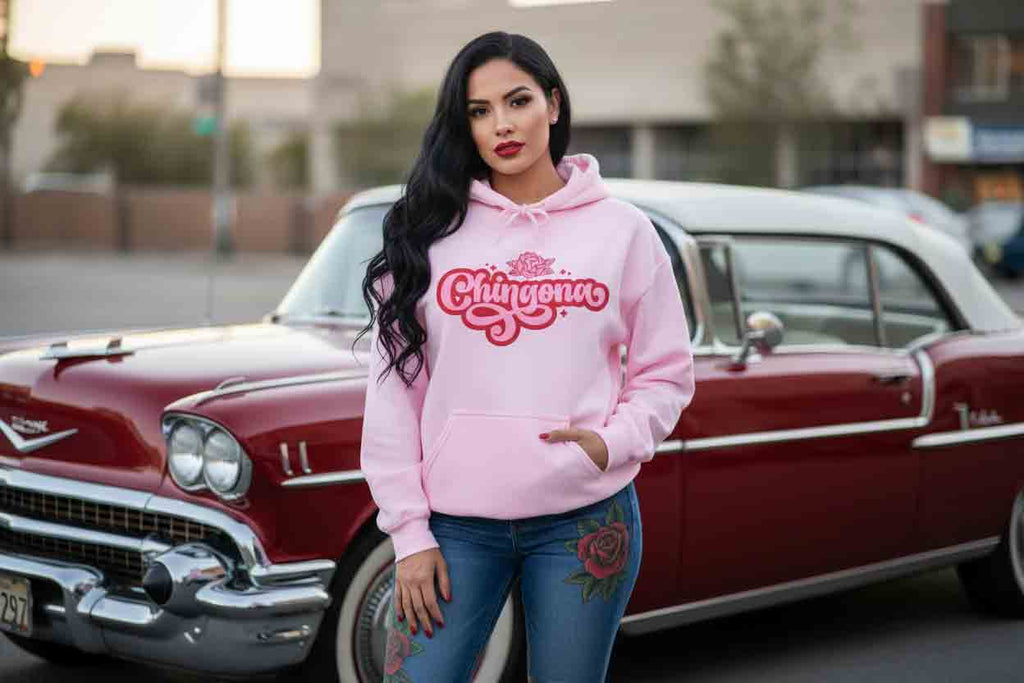 Chingona rose hoodie lifestyle 3 - bold Latina pride script pullover women gift