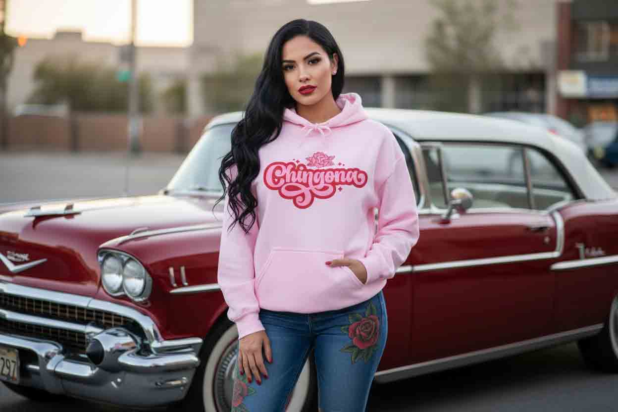 Chingona rose hoodie lifestyle 3 - bold Latina pride script pullover women gift