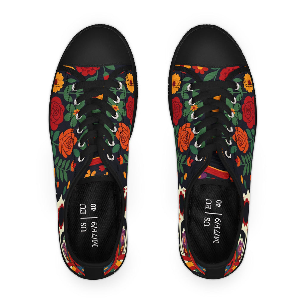 Vibrant sugar skull floral low-top canvas shoes detail - Day of Dead chicana gift sneakers