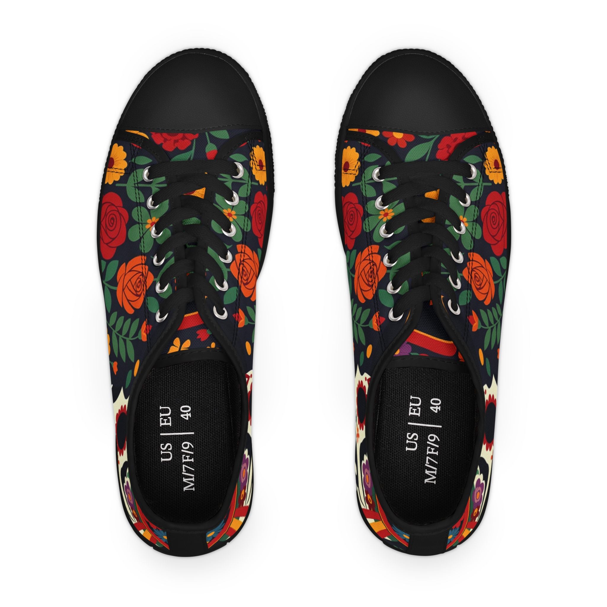 Vibrant sugar skull floral low-top canvas shoes detail - Day of Dead chicana gift sneakers