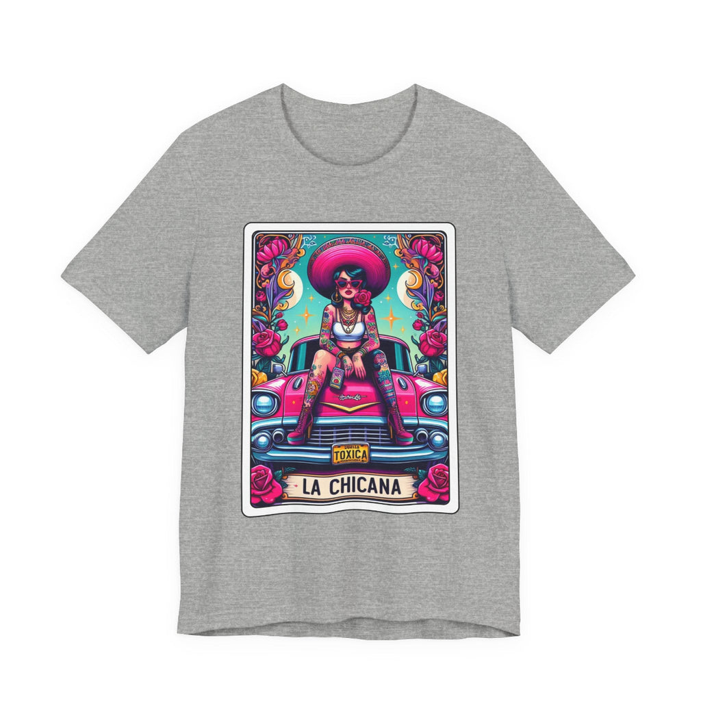 Vintage lowrider car culture design with a Chicana Catrina wearing a wide hat on a Bella Canvas 3001 t-shirt.