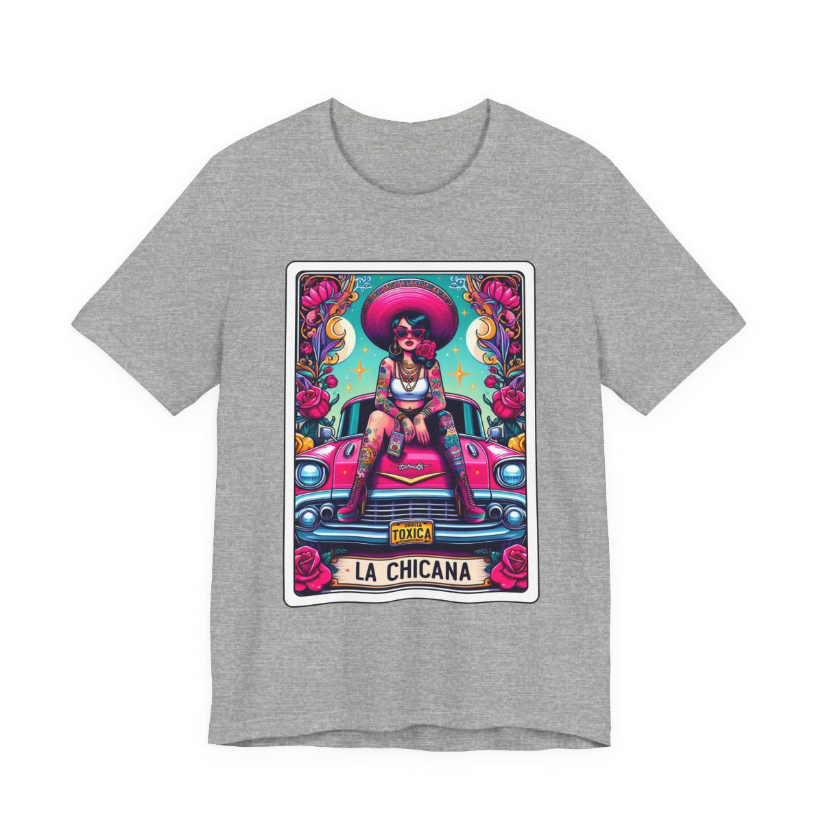 Vintage lowrider car culture design with a Chicana Catrina wearing a wide hat on a Bella Canvas 3001 t-shirt.