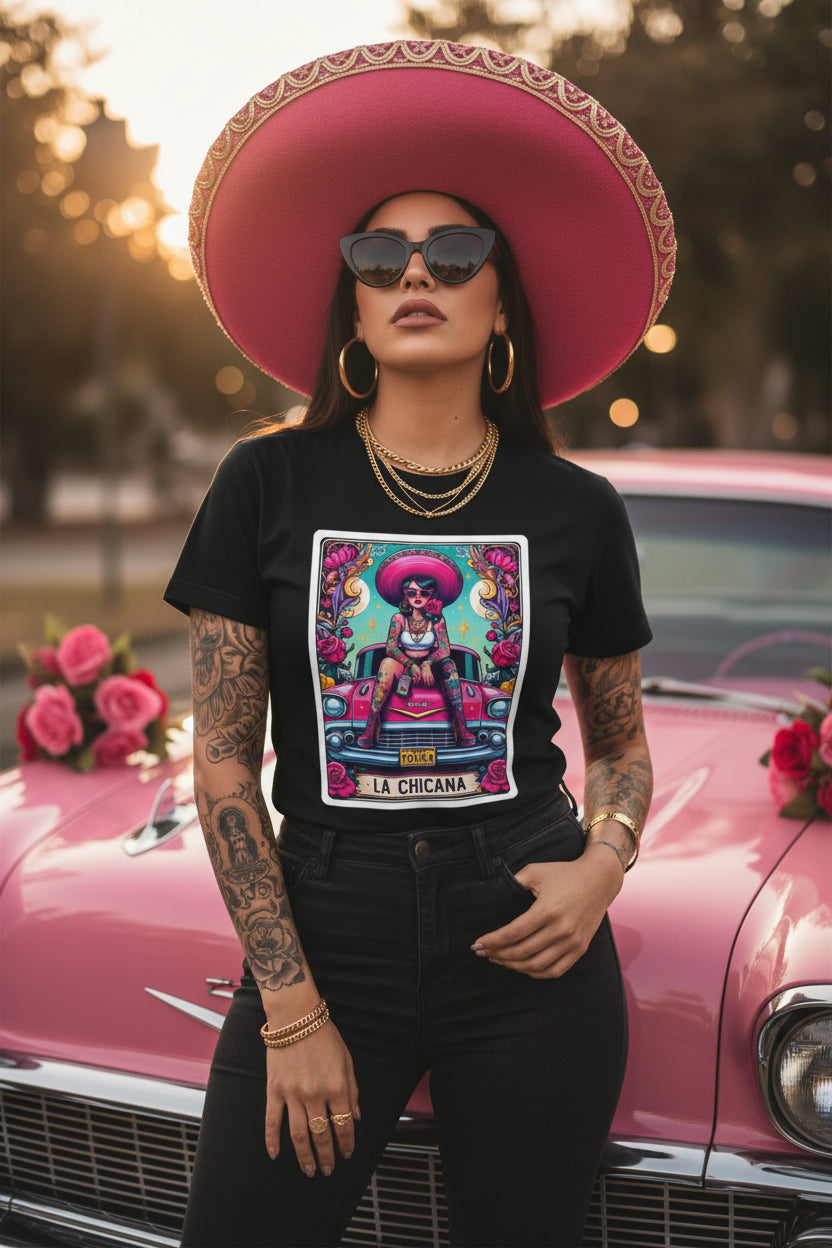 Vintage lowrider car culture design with a Chicana Catrina wearing a wide hat on a Bella Canvas 3001 t-shirt.
