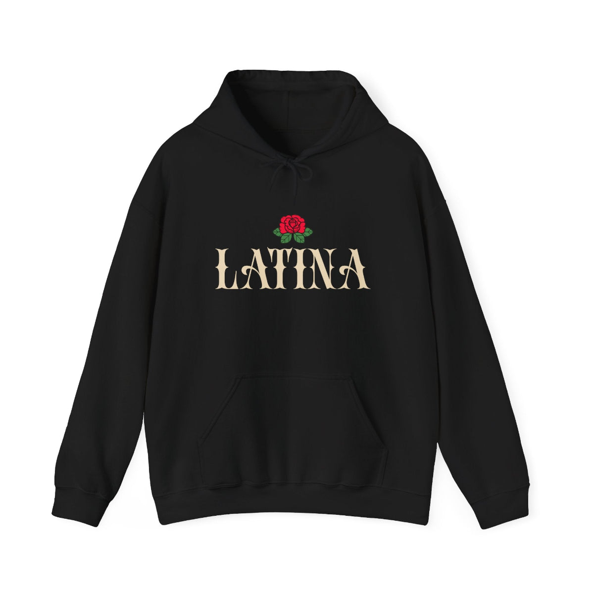 Bold Latina typography with an old school rose graphic print on the front of a premium black pullover hoodie.