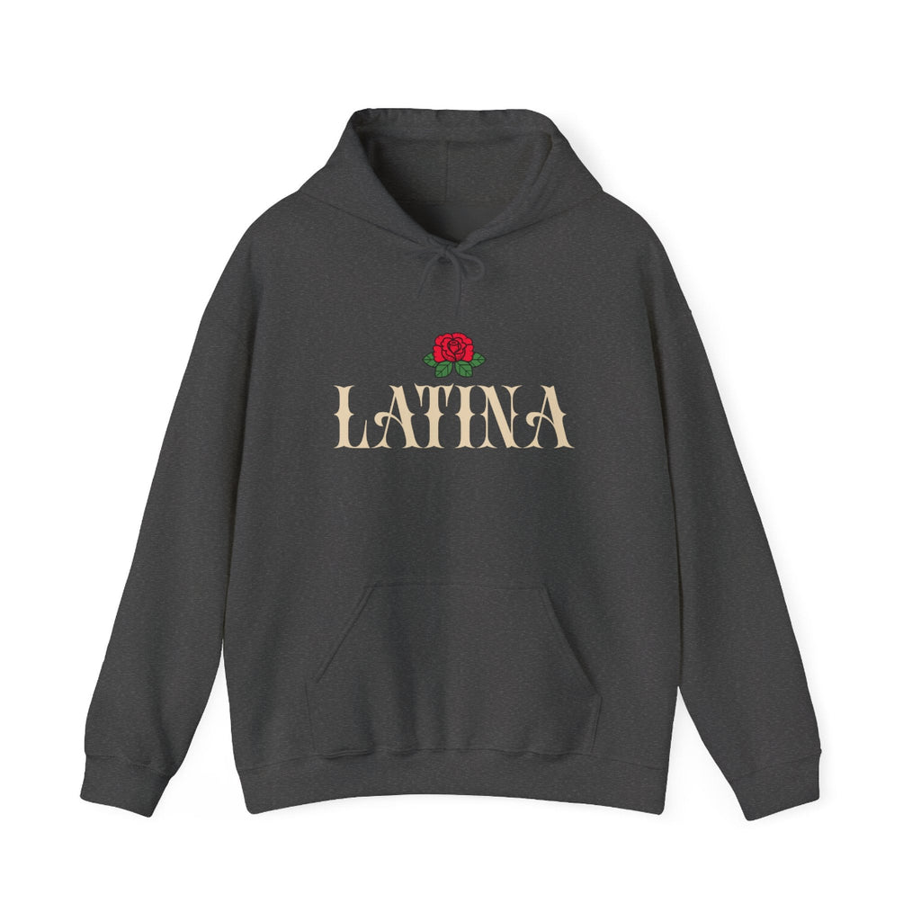 Bold Latina typography with an old school rose graphic print on the front of a premium black pullover hoodie.